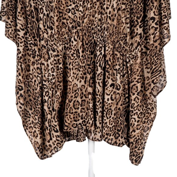 NY Collection Leopard Print Shirt S Womens Brown Flutter Sleeve Smocking Stitch - Picture 3 of 5